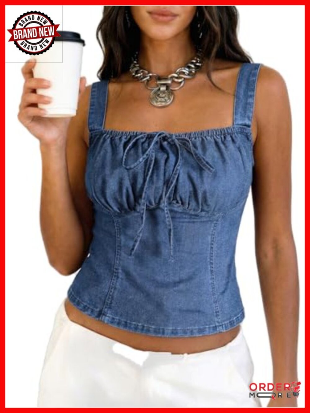 Denim Corset Top Smocked Back Front Bow Square Neck Crop Tank Top
